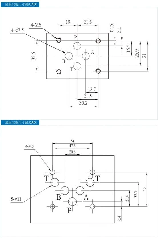 G02(D03)與 G03(D05)電磁閥安裝面 CAD 圖,標示 P、A、B、T 油口位置與尺寸