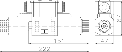 G02 無衝擊型電磁閥外型尺寸圖:總長 222 mm、寬 47 mm、高 87 mm